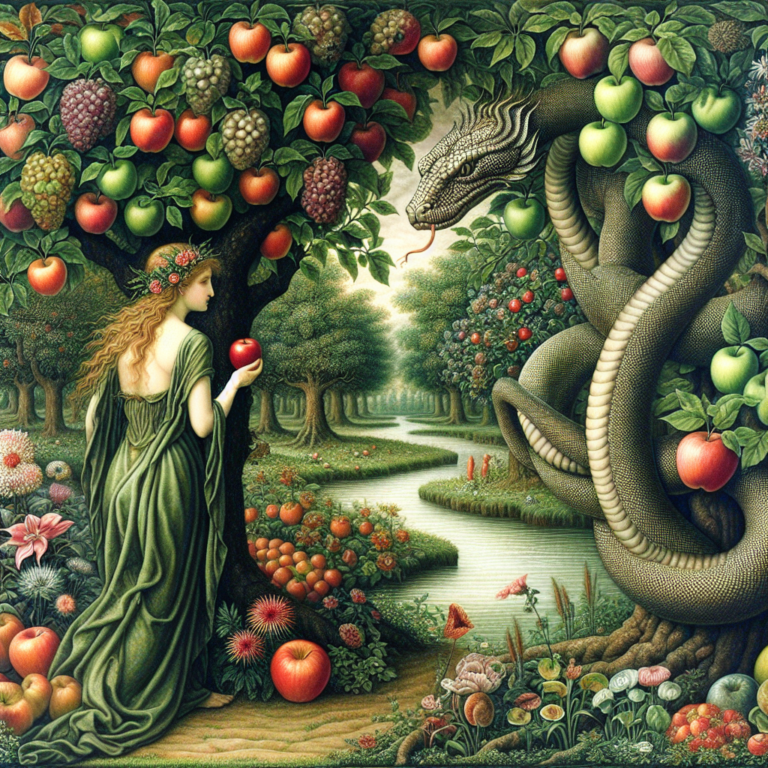 Title: Whispers in the Garden: The Encounter Between Eve and the Serpent