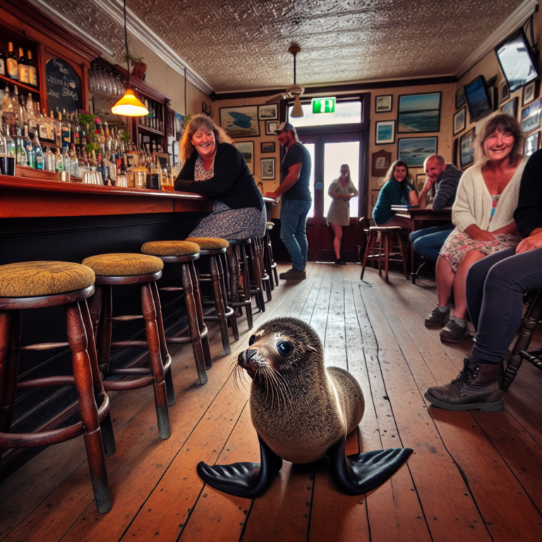Baby seal pays a surprise visit to a local pub in New Zealand