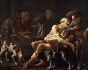 Baroque painting of the rich man and Lazarus: the beggar Lazarus sits with dogs in the foreground while the rich man's feast continues behind him