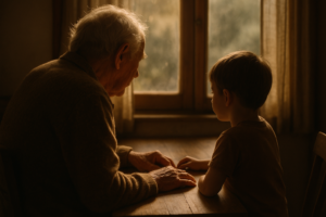 Grandparent and grandchild sitting together at a sunlit table, a moment of connection and generational transmission