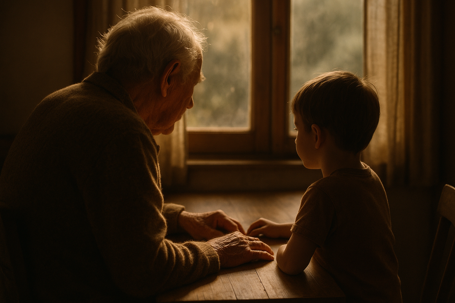 Grandparent and grandchild sitting together at a sunlit table, a moment of connection and generational transmission