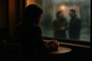 A person sitting alone at a coffee shop, looking out a rain-streaked window — the quiet moment of noticing jealousy