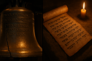 The Liberty Bell with its Leviticus 25:10 inscription, next to an ancient Hebrew scroll, illustrating the connection between the founding documents and the biblical concept of dror