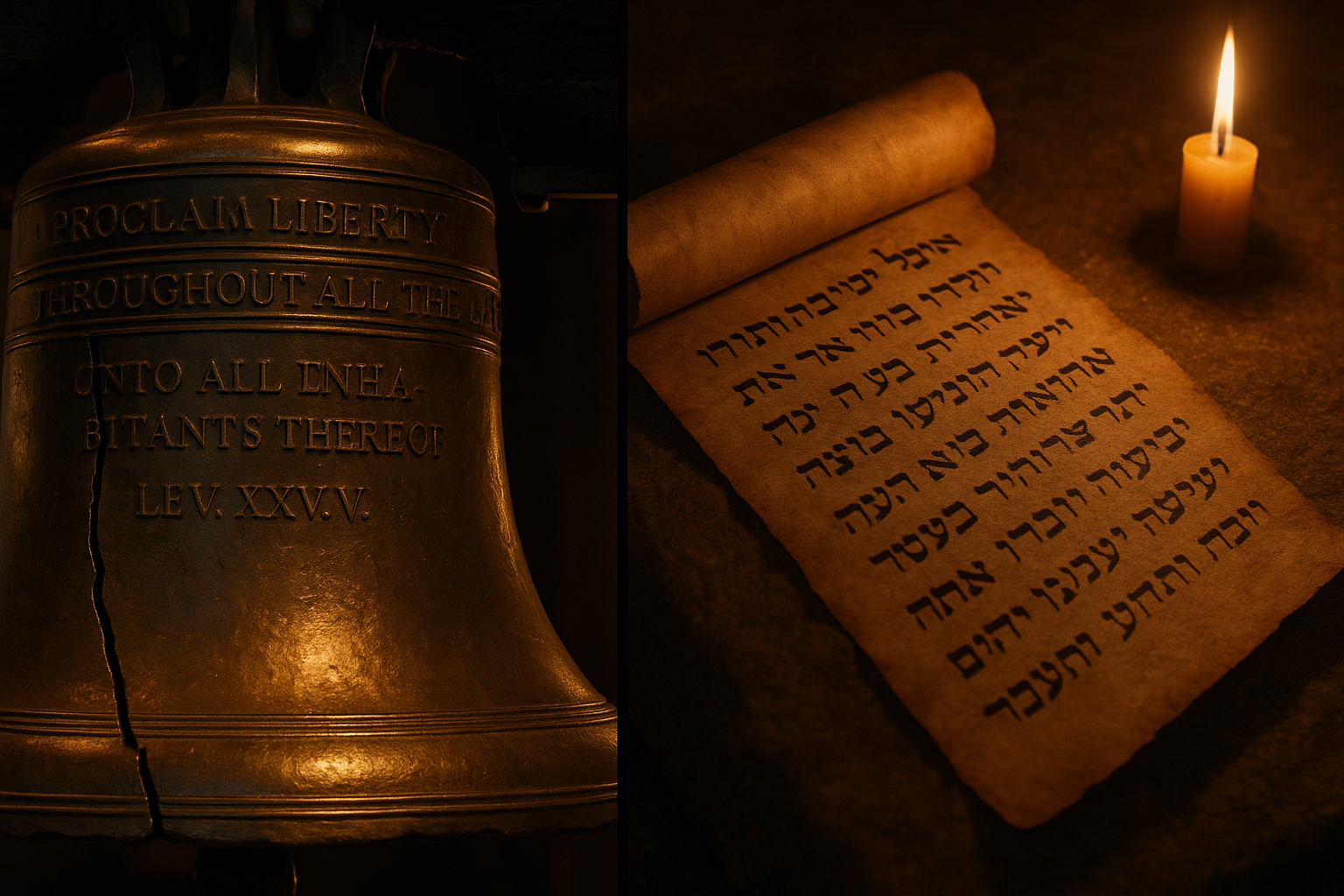 The Liberty Bell with its Leviticus 25:10 inscription, next to an ancient Hebrew scroll, illustrating the connection between the founding documents and the biblical concept of dror