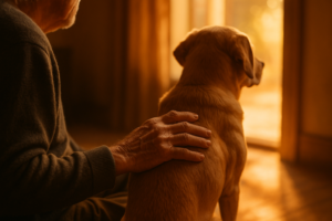 A person's hand resting on a dog in warm golden morning light, representing the ancient human-dog bond