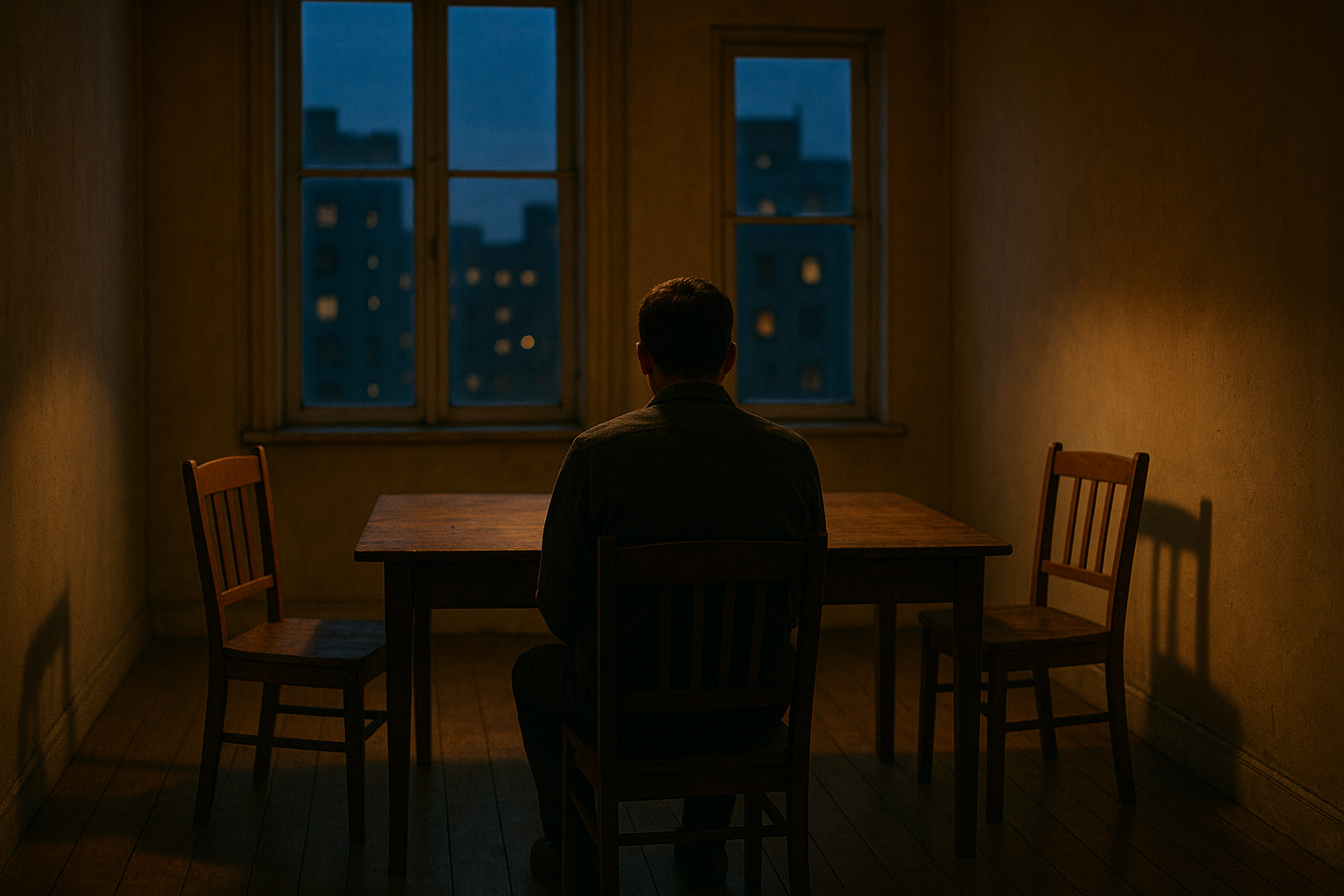 A man sitting alone at a table with empty chairs across from him, evening light through window