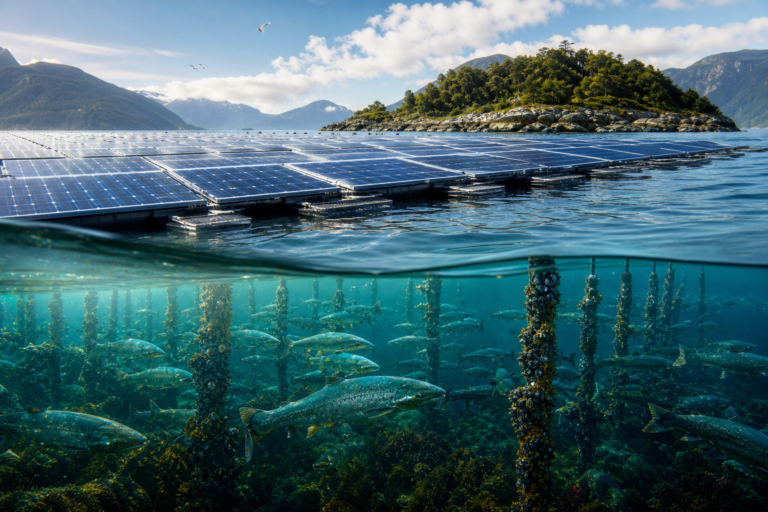 An island in Chile covered its waters with floating solar panels and soon, thousands of salmon had turned them into their home