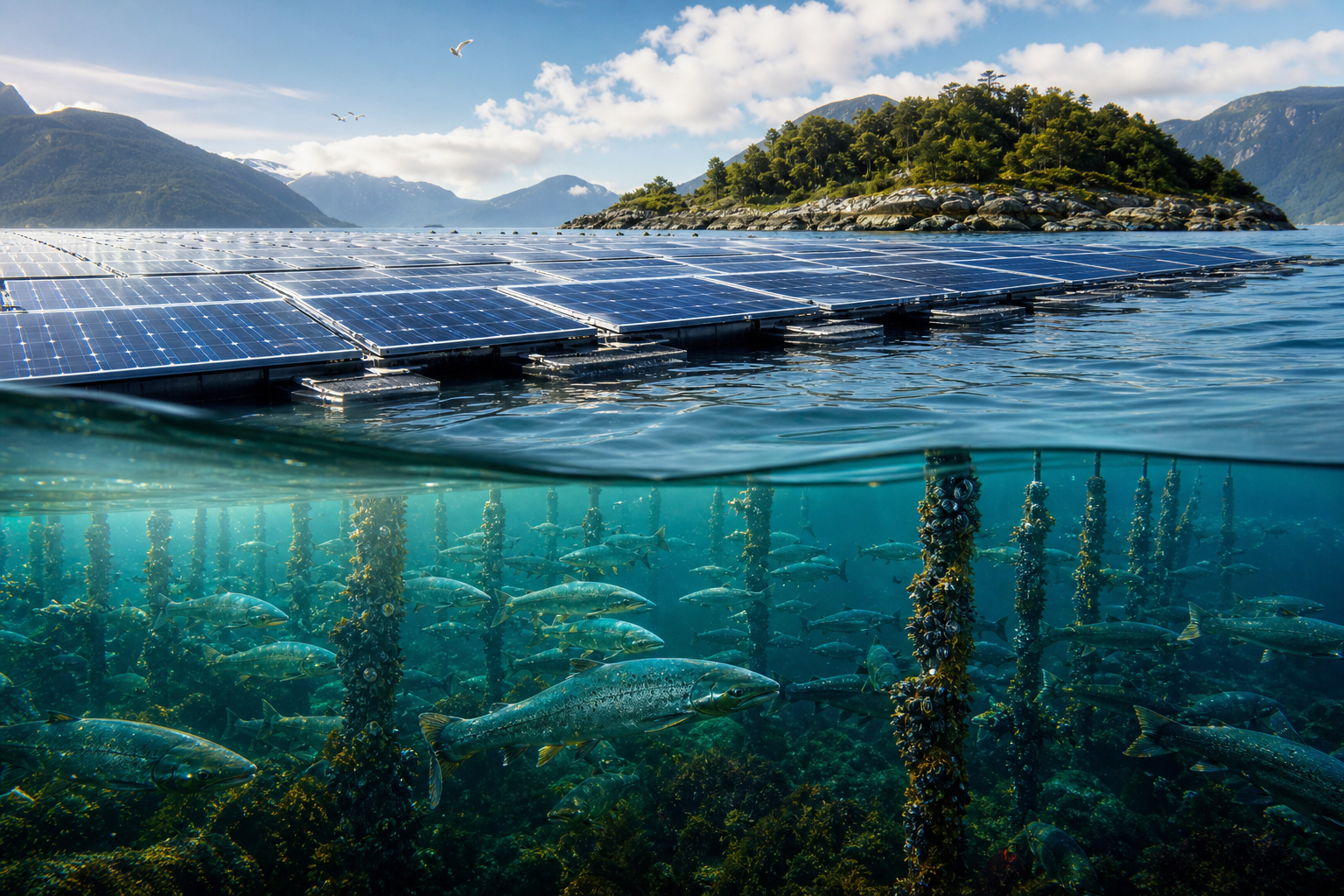 An island in Chile covered its waters with floating solar panels and soon, thousands of salmon had turned them into their home