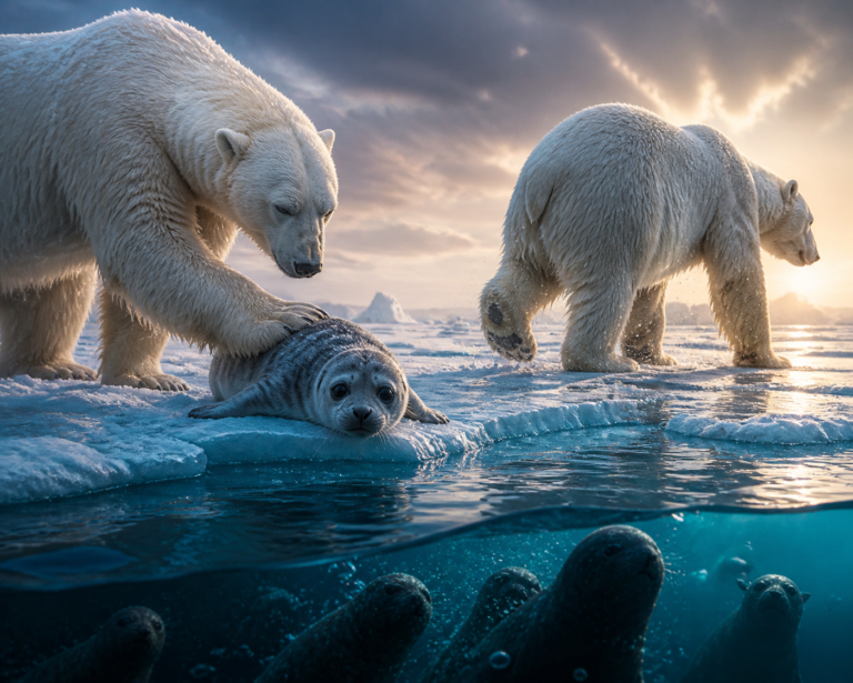 Polar bear pulls seal pup onto ice then backs away. The reason why is extraordinary