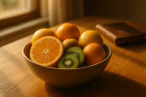 Bowl of fresh citrus and kiwi in golden morning light — vitamin C brain health and the ancient wisdom of Proverbs