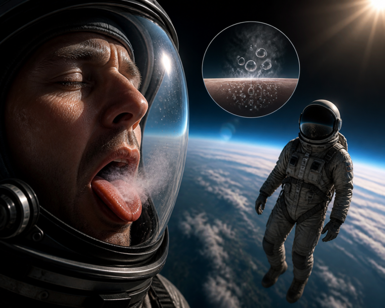 At about 19 kilometres up the air pressure falls low enough that water boils at human body temperature, so an unprotected person there would feel the saliva on their tongue turn to vapour, which is why aircrew above that altitude wear sealed pressure suits rather than an oxygen mask