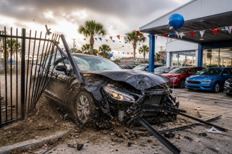 Car crashes through fence into used car dealership in Pensacola