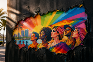 Covered St. Pete Pride mural peaks through black paint on Central Avenue