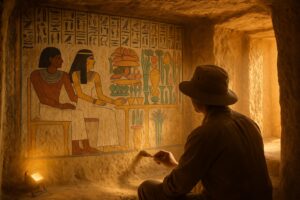 Painted wall scene of an ancient Egyptian official and his wife at an offering table of bread and fruit inside a tomb near Luxor
