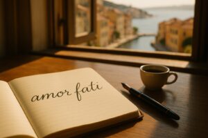 Open notebook with "amor fati" handwritten in ink on a sunlit desk overlooking a harbor