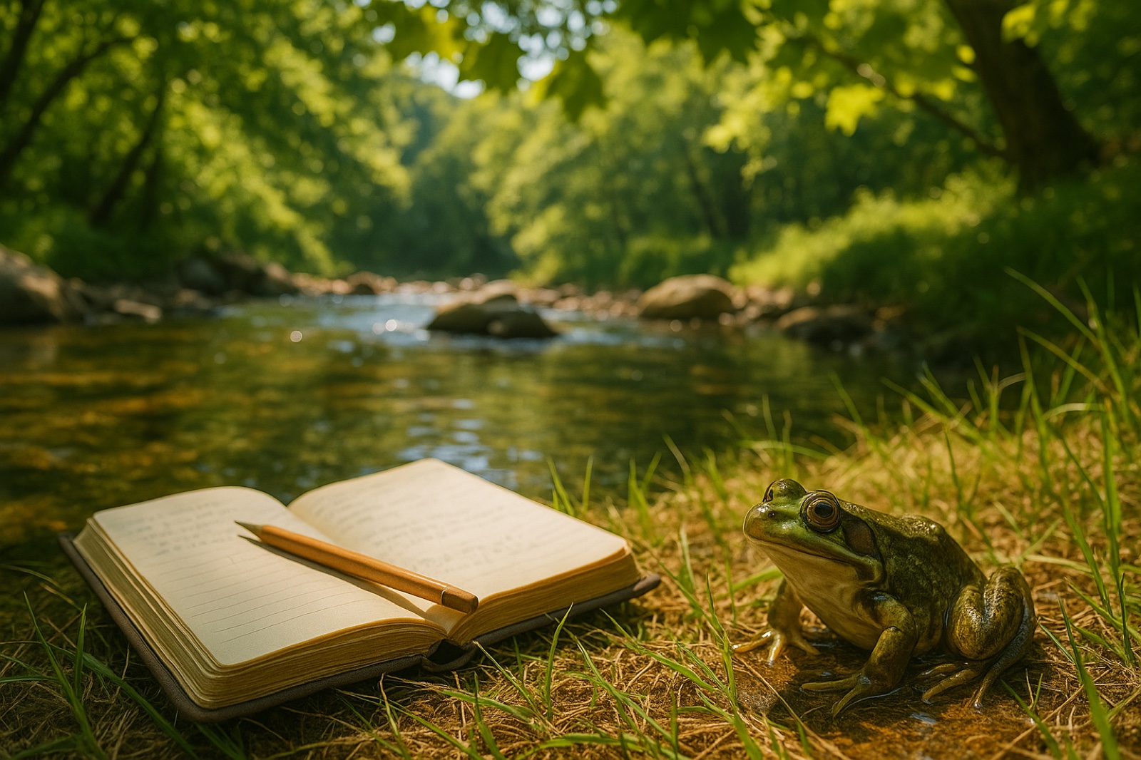 A small green frog beside a clear creek with an open notebook on the grassy bank, evoking Annie Dillard's Pilgrim at Tinker Creek