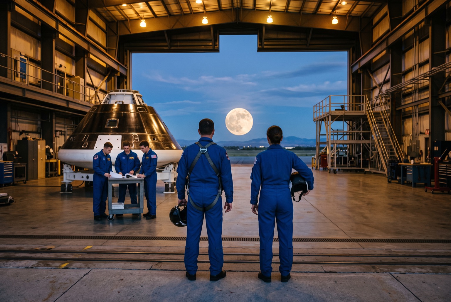 Two astronauts in blue flight suits watch the full Moon from a spacecraft hangar while a younger crew studies beside a crew capsule