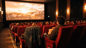 Moviegoer in a warm-lit cinema watching an epic superhero battle on screen, an empty seat beside them with a jacket draped over it