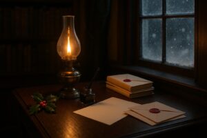 A Victorian writing desk at Christmas with an oil lamp, inkwell and sealed letters, the setting of Ian Maclaren's 1897 "hard battle" message