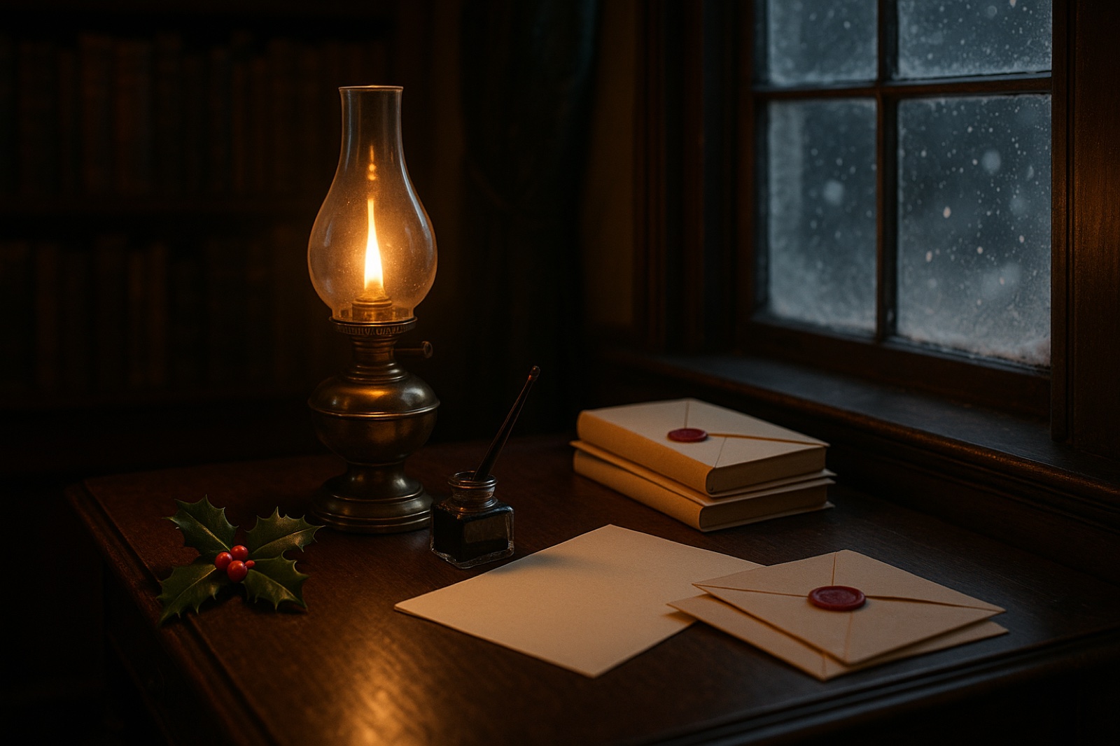 A Victorian writing desk at Christmas with an oil lamp, inkwell and sealed letters, the setting of Ian Maclaren's 1897 "hard battle" message