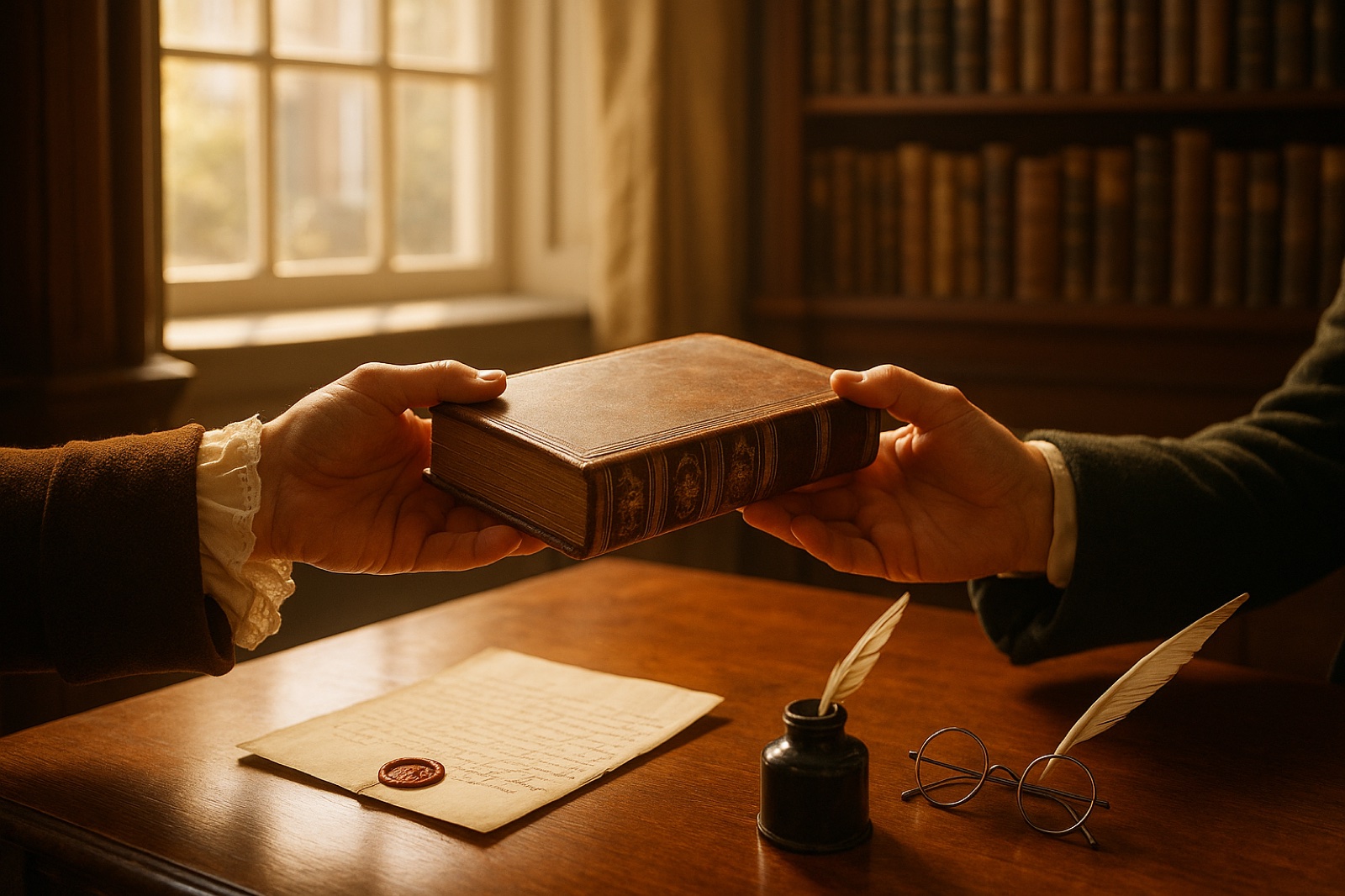 Two hands in colonial dress passing a rare leather-bound book across a desk, illustrating the Ben Franklin effect