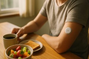 Continuous glucose monitor sensor on an upper arm at a sunny breakfast table