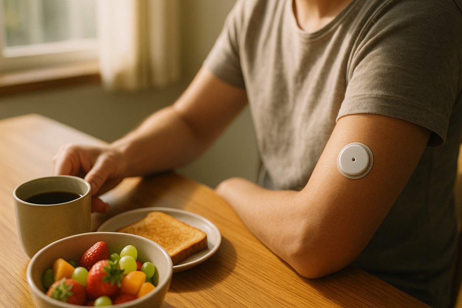 Continuous glucose monitor sensor on an upper arm at a sunny breakfast table