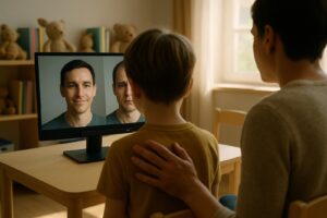 A child looks at a happy face and a sad face on a screen with an eye-tracker, a parent's hand on their shoulder