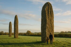 The Devil's Arrows, three tall rain-grooved prehistoric standing stones in a green field near Boroughbridge, North Yorkshire, in morning light