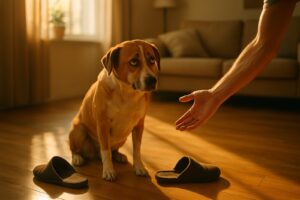 A dog with the guilty look, head low and ears back, beside a chewed slipper as a hand reaches down gently