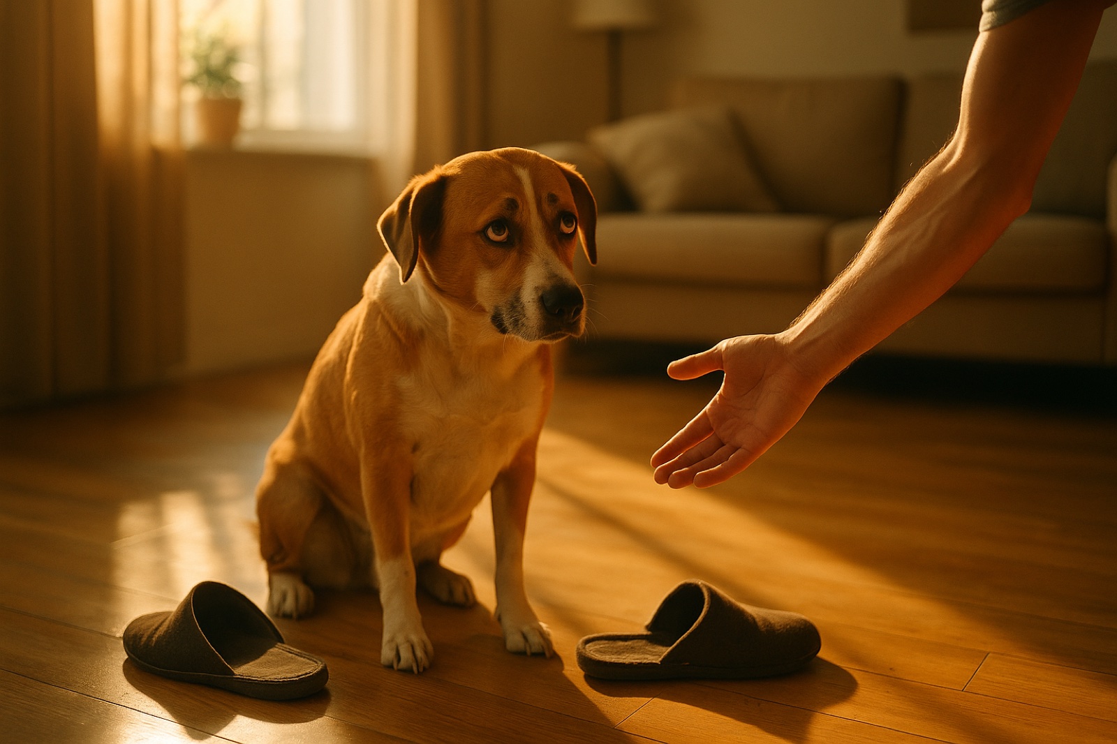 A dog with the guilty look, head low and ears back, beside a chewed slipper as a hand reaches down gently
