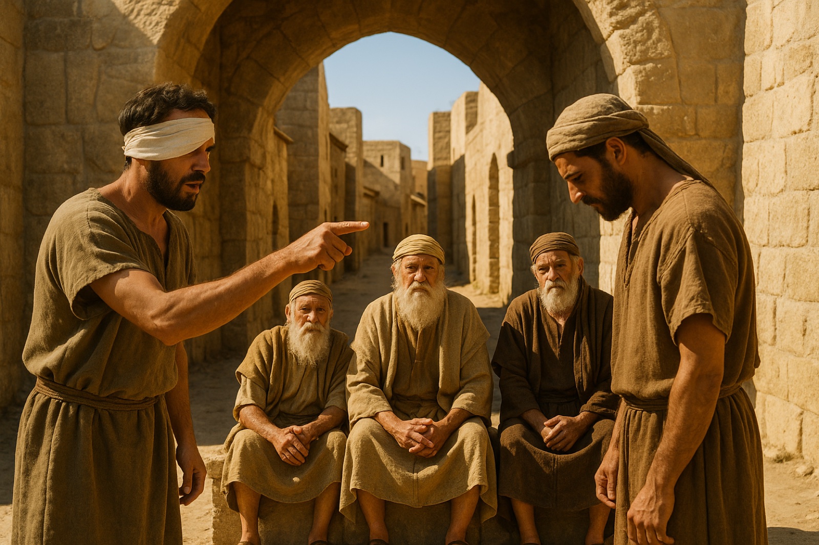 A man with a bandaged eye accuses another man before three elders judging at an ancient stone town gate