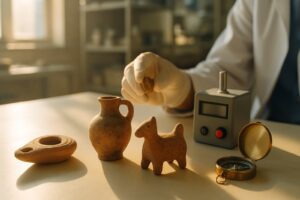 Ancient clay oil lamp, juglet and animal-shaped vessel on a lab bench beside a magnetometer, being tested to spot fake ancient pottery