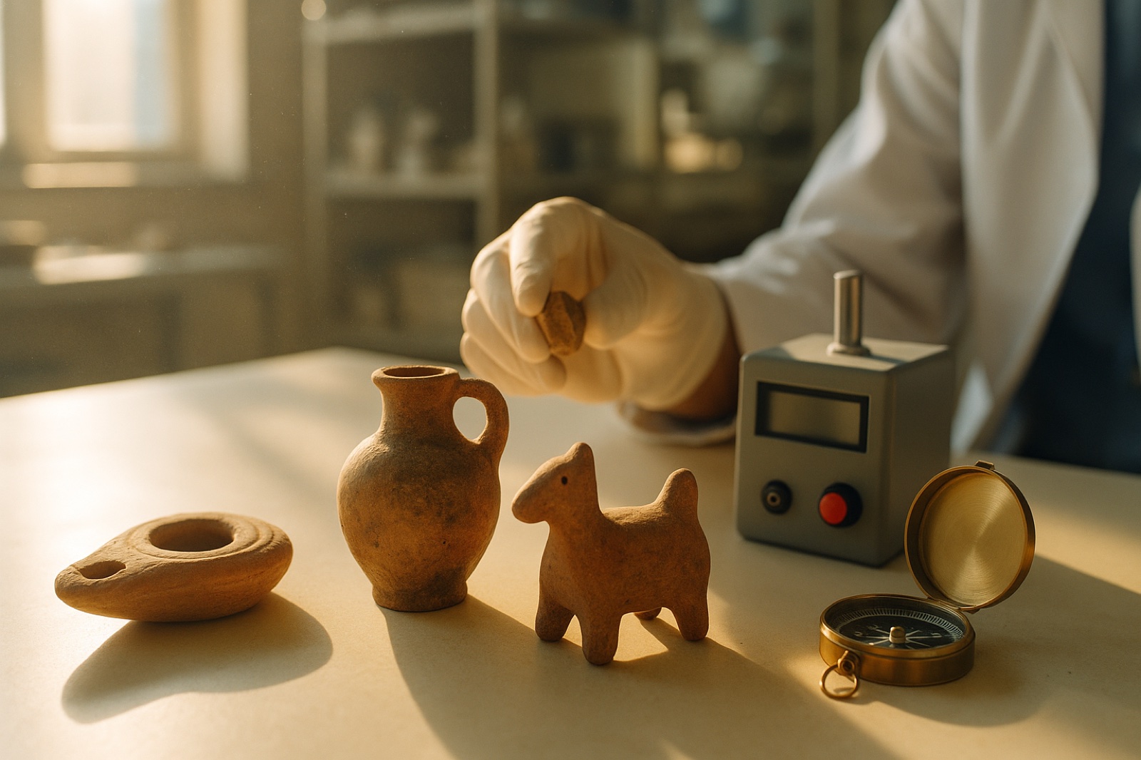 Ancient clay oil lamp, juglet and animal-shaped vessel on a lab bench beside a magnetometer, being tested to spot fake ancient pottery