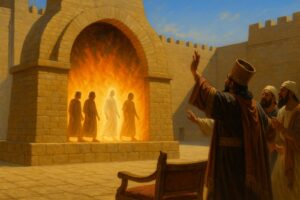 King Nebuchadnezzar sees four men walking unharmed in the fiery furnace, Daniel 3