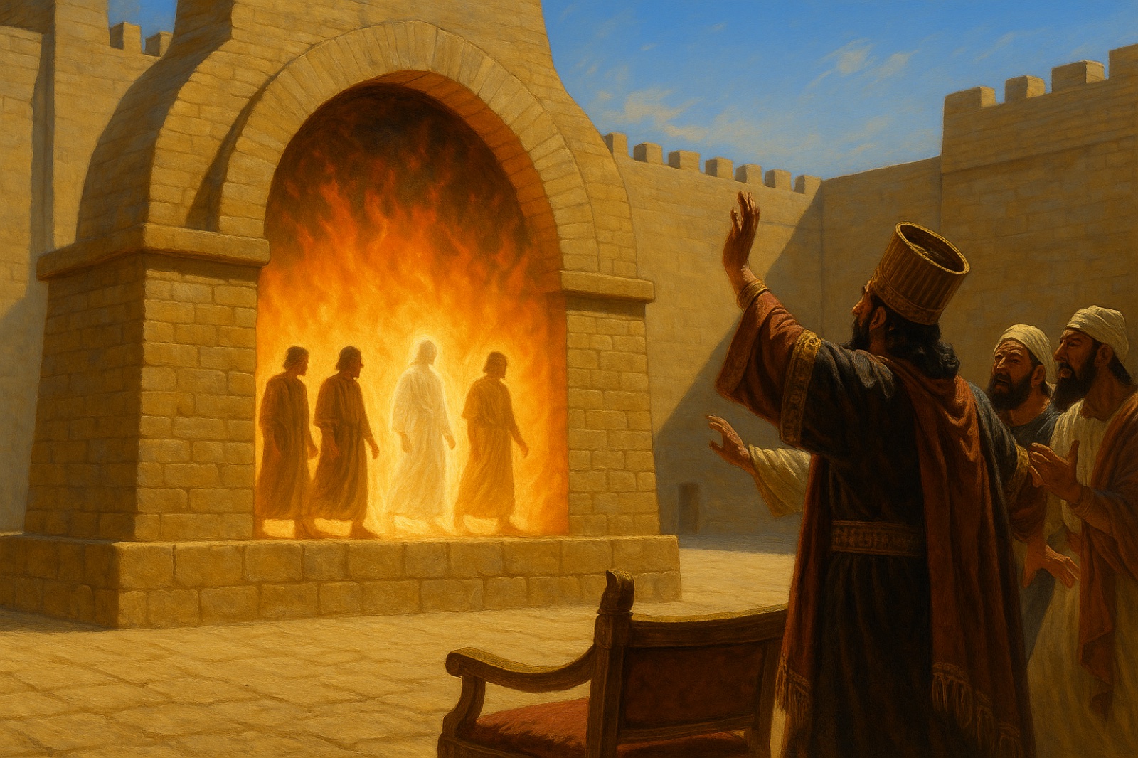 King Nebuchadnezzar sees four men walking unharmed in the fiery furnace, Daniel 3