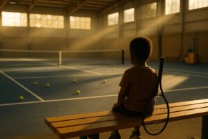 A small boy sitting on a bench beside an indoor tennis court in warm morning light, holding a racket, with a custodian's mop cart in the background