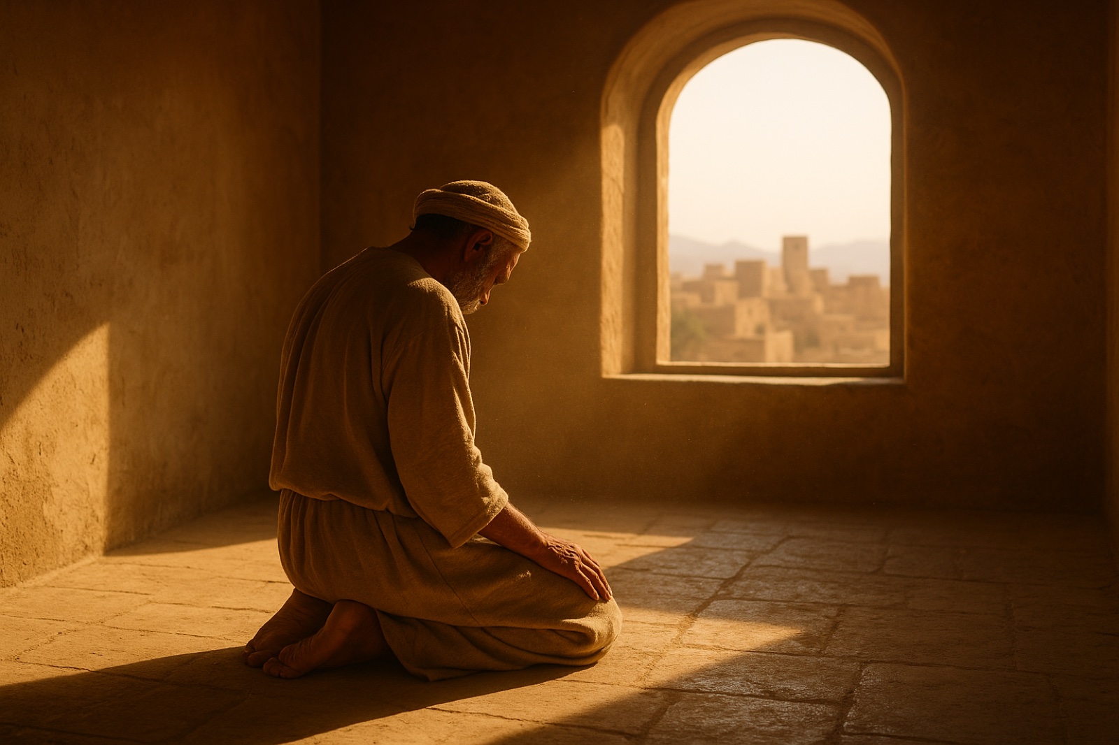 A man kneeling alone in prayer in a bare sunlit room, facing an open window over an ancient city