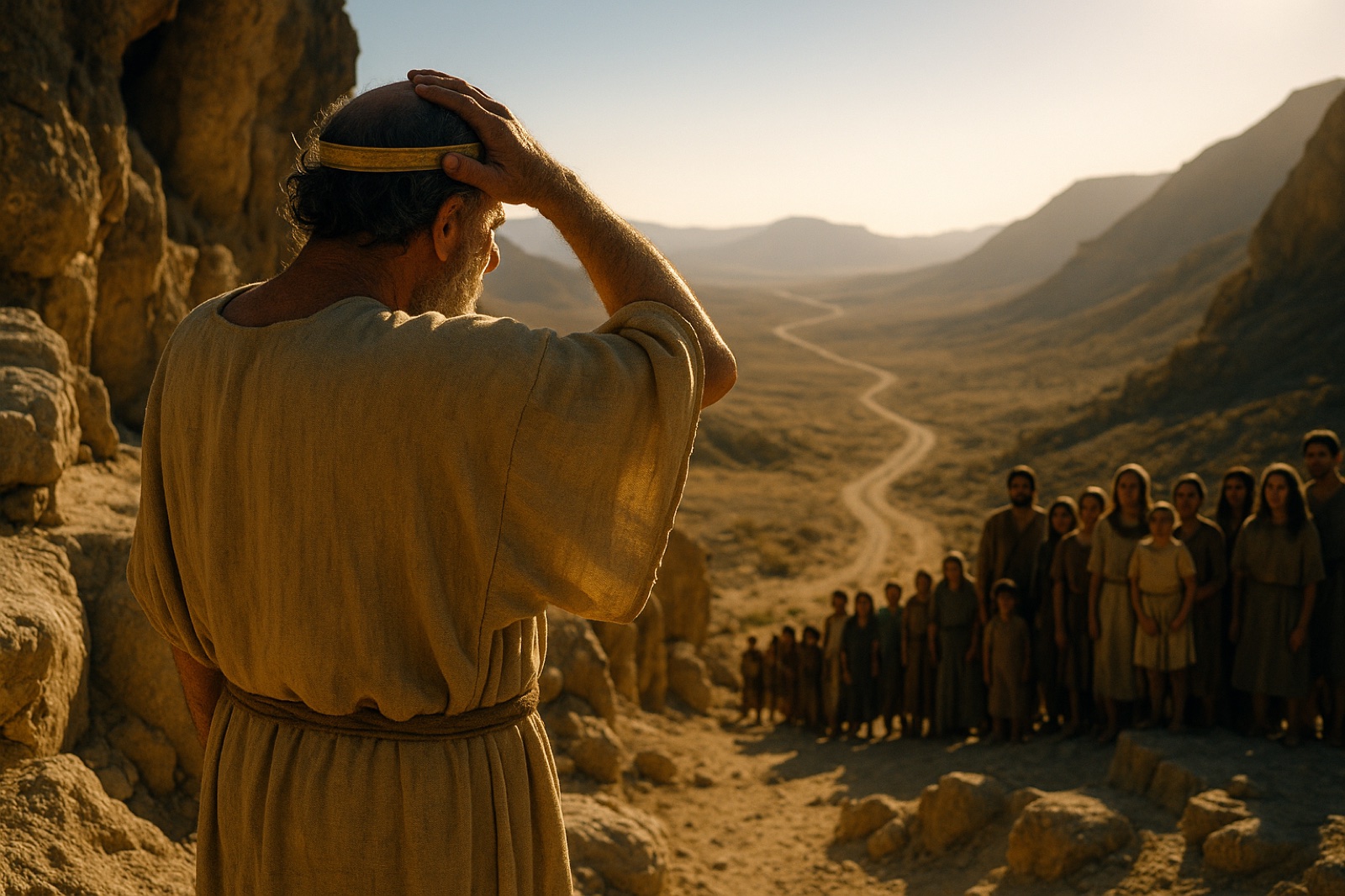 An ancient king with his hand on his head looks out over a desert valley road, unsure what to do, as families wait behind him