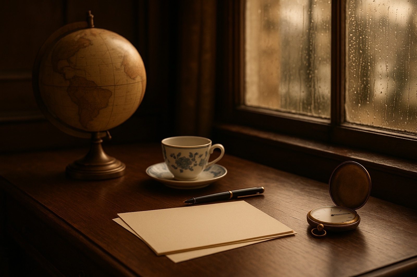 A 1930s writing desk with an antique globe, a blue-and-white porcelain teacup, a fountain pen, blank paper and a pocket watch beside a rainy window