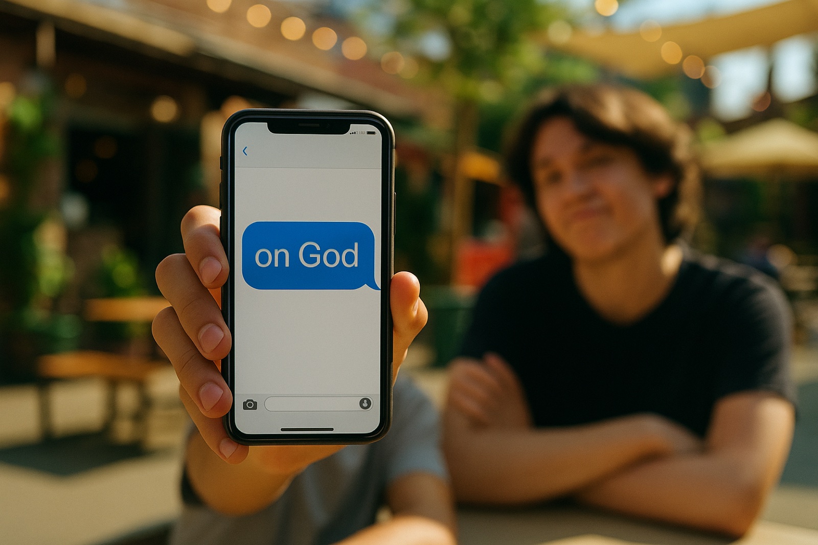 Phone showing a text message that says "on God" while a doubtful friend looks on