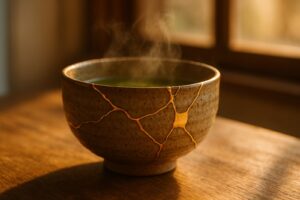 Kintsugi tea bowl with gold-filled repair seams on a wooden table in warm morning light
