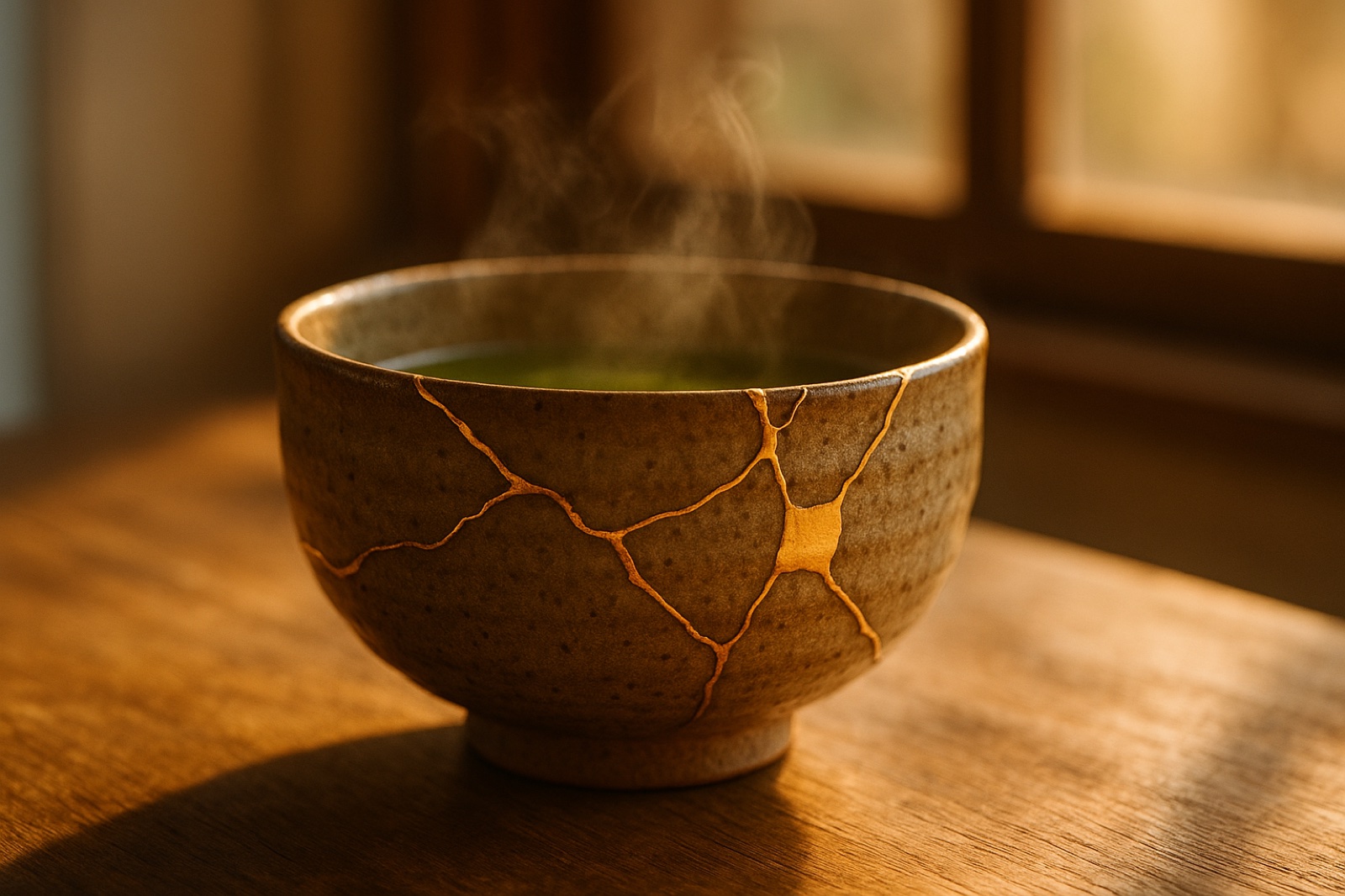 Kintsugi tea bowl with gold-filled repair seams on a wooden table in warm morning light