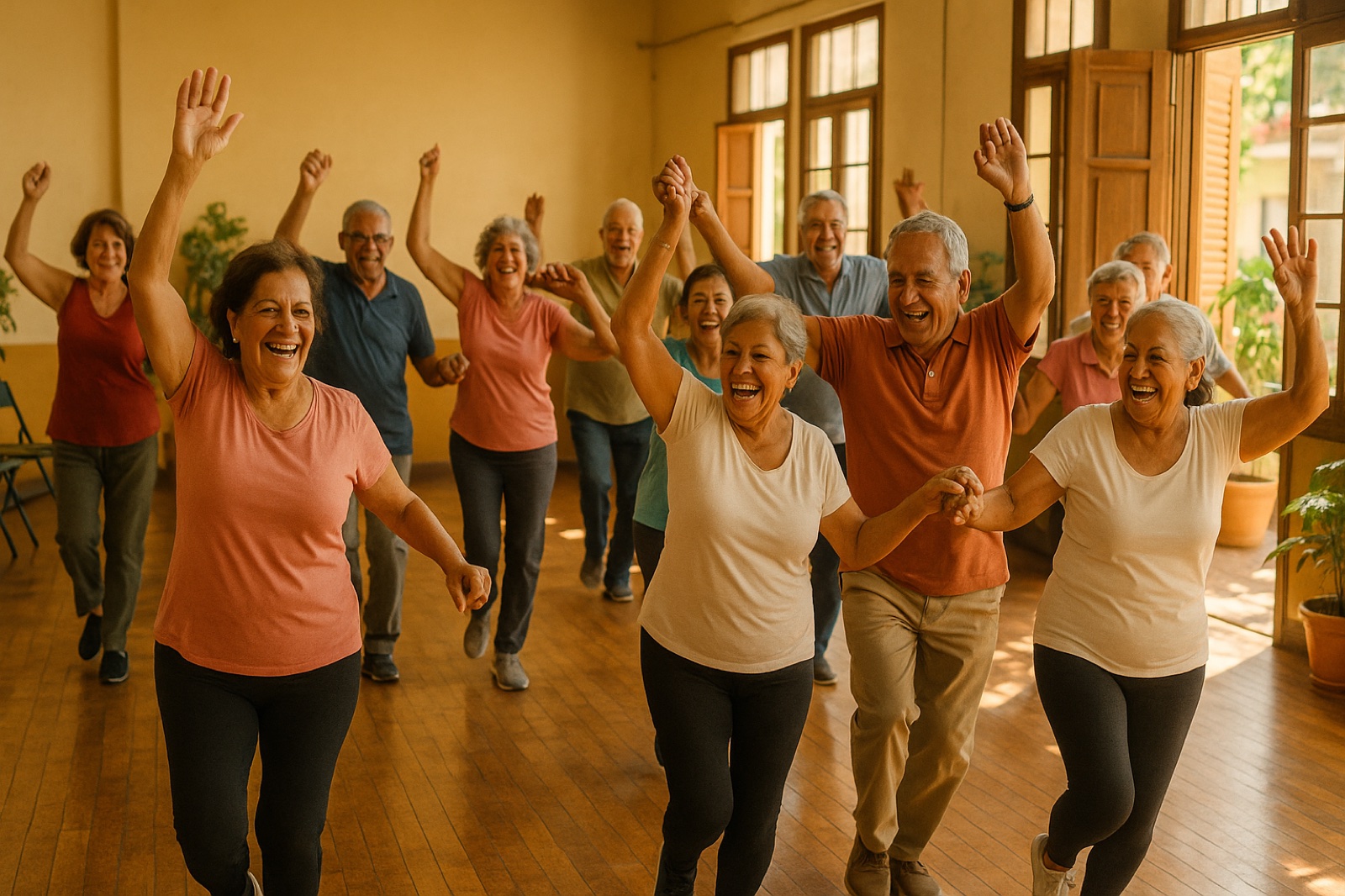 Older adults dancing together in a group exercise class in a sunlit community hall