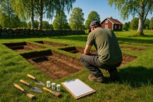 Archaeological excavation of side-by-side medieval graves in a Swedish churchyard meadow, with trowels and DNA sample tubes on the grass