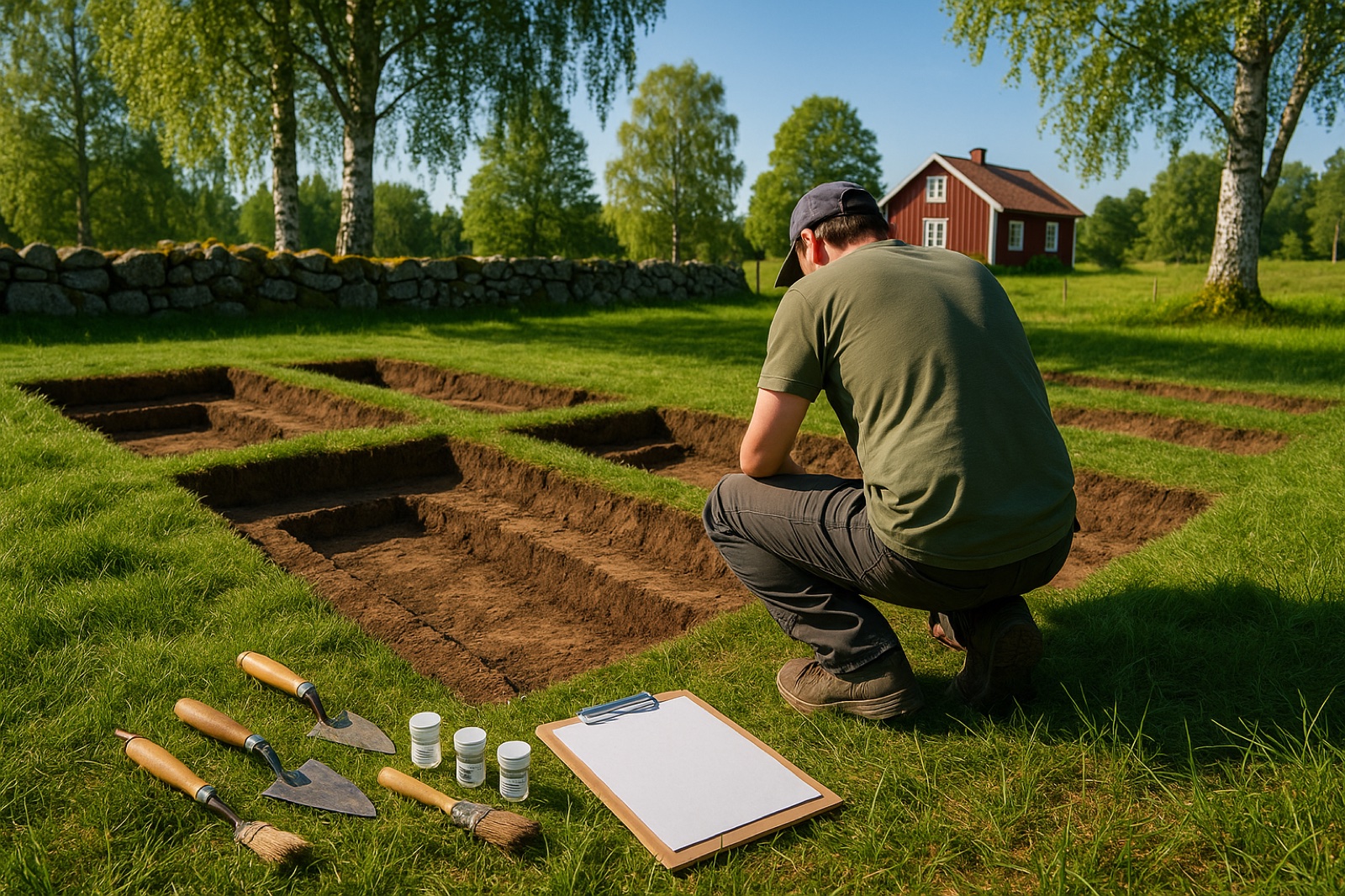 Archaeological excavation of side-by-side medieval graves in a Swedish churchyard meadow, with trowels and DNA sample tubes on the grass