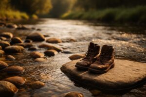 A pair of worn leather boots on a flat rock beside a shallow river running fast over smooth stones in early morning light