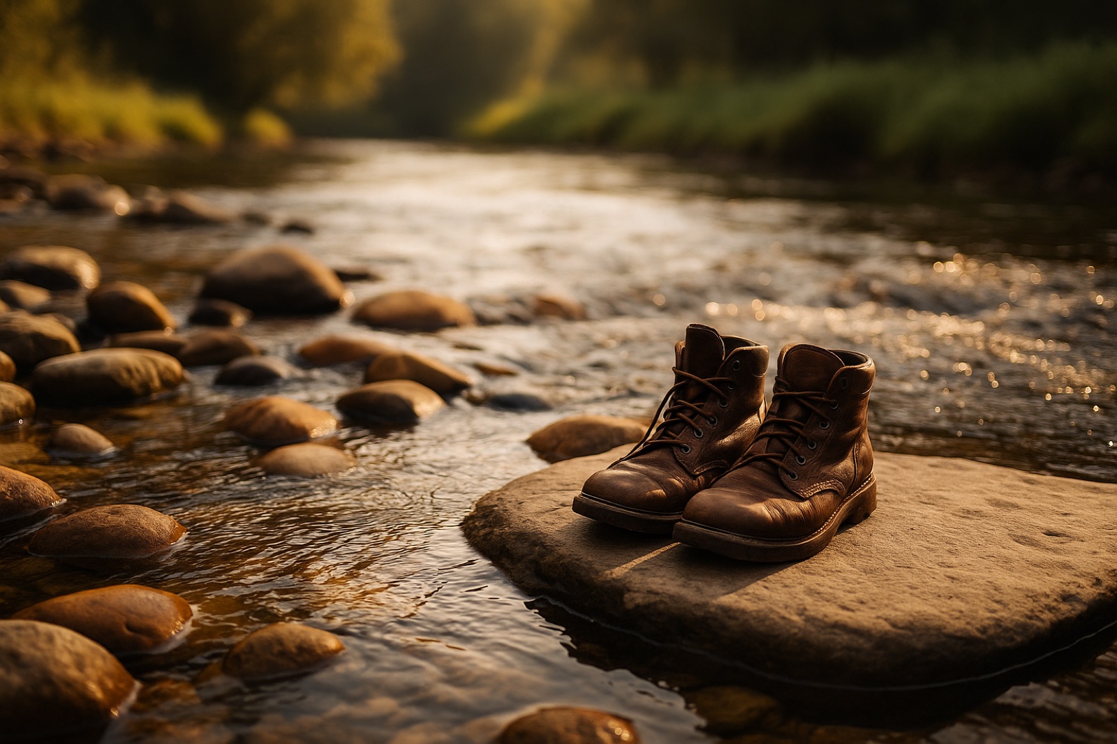 A pair of worn leather boots on a flat rock beside a shallow river running fast over smooth stones in early morning light