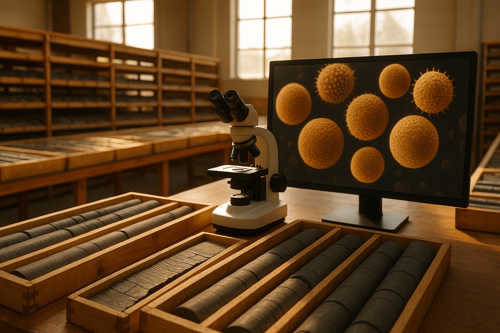 Drill cores of ancient Australian mudstone beside a microscope and a screen showing magnified fossil cells