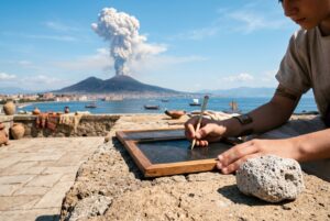 Mount Vesuvius erupting across the Bay of Naples while a young Roman writes on a wax tablet beside a piece of pumice